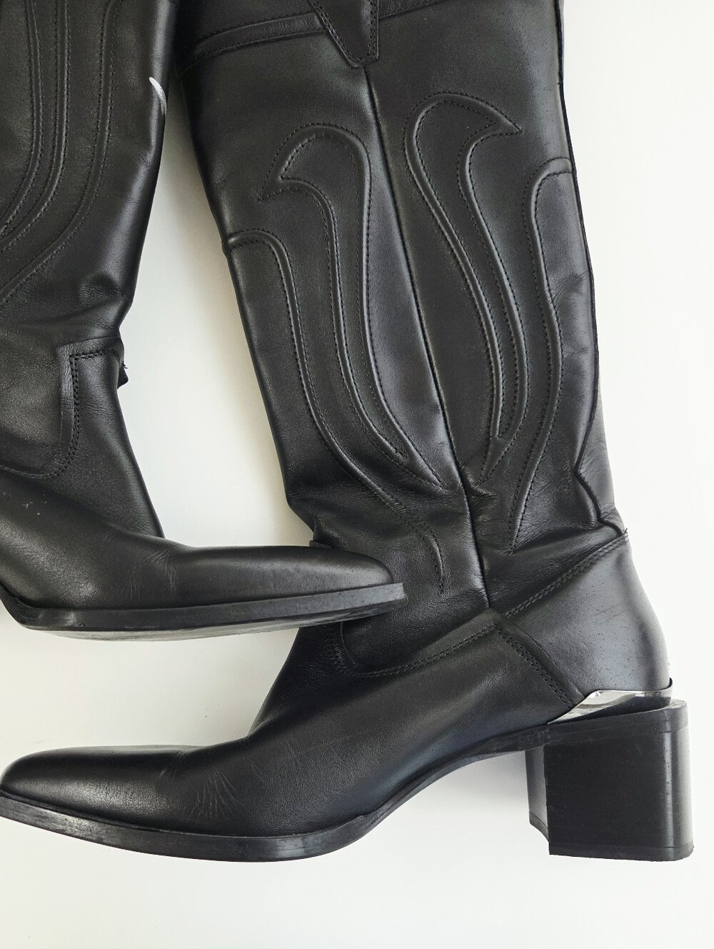 Zara black leather knee-high cowboy Western boots Size 38 7.5 - Picture 7 of 9